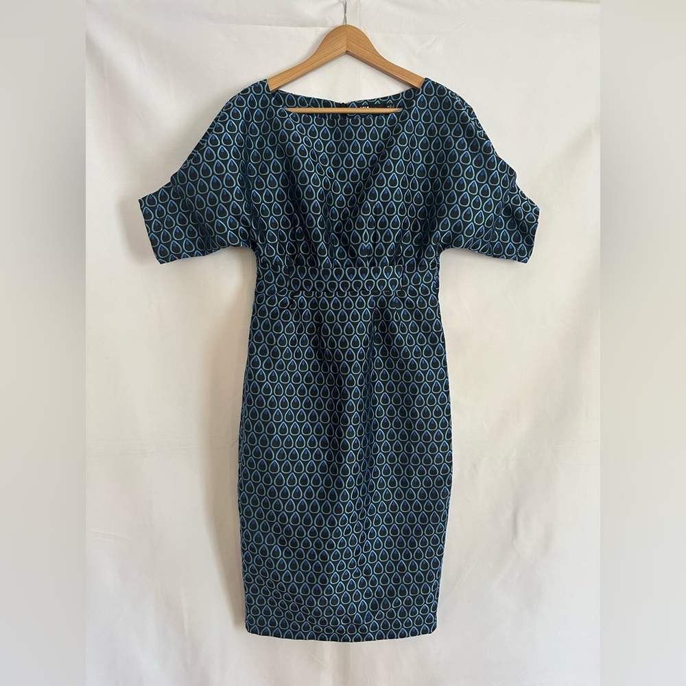 INA Teardrop Peacock Short Sleeve Embroidered Midi Sheath Dress Size Small